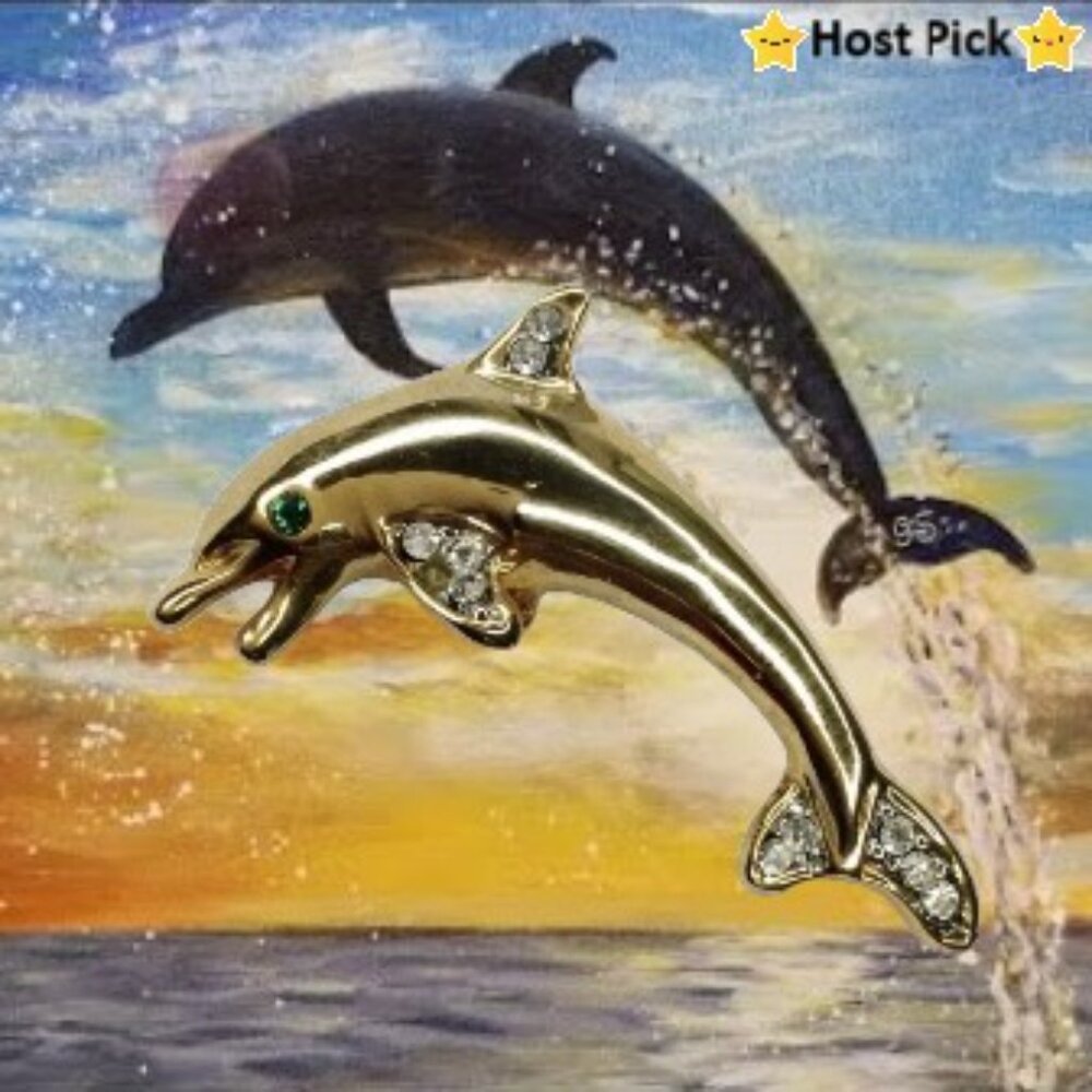 Vintage Gold Tone Dolphin Brooch – Green Eye & Rhinestone Accents